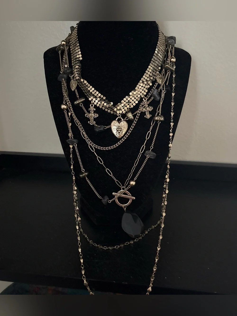 Free people gold multi-layered necklace with heart and cross charms and gems NWT